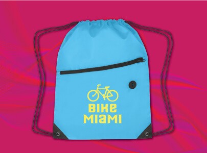 Sky Blue, Weather Resistant Cinch Bag with Black Drawstrings screen printed with Bike Miami logo