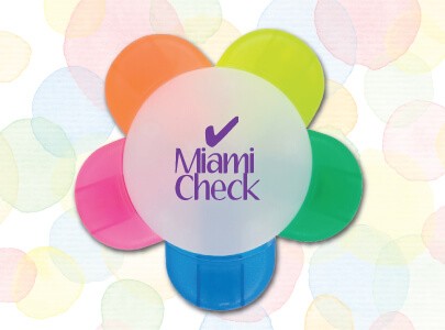 Flower Style Highlighter featuring Blue, Pink, Yellow, Orange and Green Ink Colors with a center base imprinted with Miami Check logo.