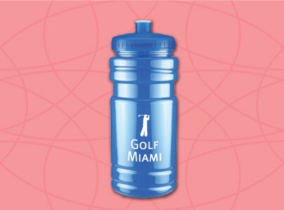 Custom Pad Printed Plastic Water Bottle for Miami, Florida Royal Blue with matching Royal Blue Cap, Plastic, Fitness Style Water Bottle with pull top spout screen-printed with Golf Miami logo