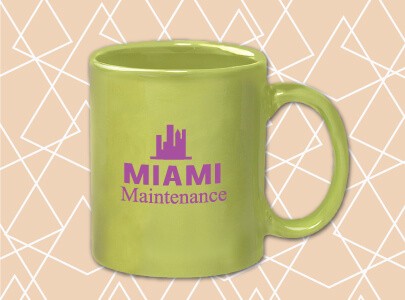 Custom Screen-Printed Mug for Miami, Florida Lime Green, 11 oz., C-Handled, Porcelain Mug with Miami Maintenance logo screen-printed on front portion but also available in a wraparound print as well