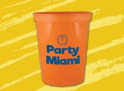 Custom Imprinted Plastic Cup for Miami, Florida Orange, 16 oz. Plastic Stadium Cups imprinted with Party Miami logo, great for festivals, events and nightclubs