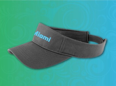 Gray Visor with a size adjusting strap in back, embroidered with Miami logo