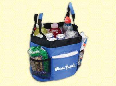 Insulated, Blue Cooler bag with straps and a zippered front custom imprinted with Miami Beach logo for Florida