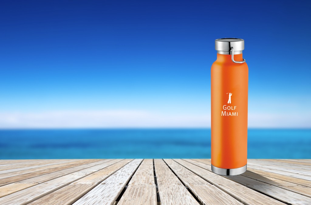 orange custom-printed stainless steel water bottle with Golf Miami logo