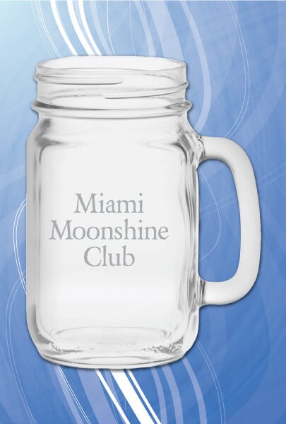 Glass Mason Jar Style Stein with Handle decorated with Miami Moonshine Club logo.