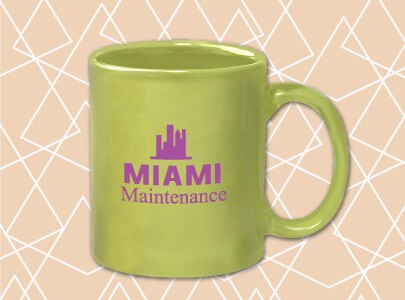 Lime Green, 11 oz., C-Handled, Porcelain Mug with Miami Maintenance logo screen-printed on front portion but also available in a wraparound print as well