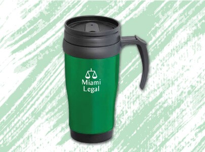 Plastic, 16 oz. Green Travel Mug with Black Spill Resistant Lid and Handle decorated with Miami Legal logo.