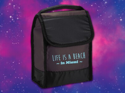 Black, Insulated Lunch Bag with Handle Screen-Printed with Life is a Beach Miami Logo to keep food cool