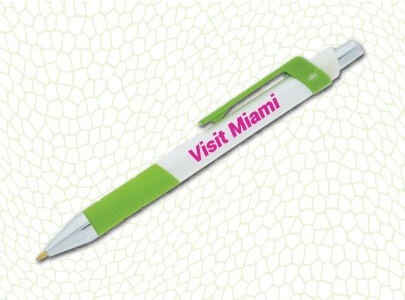 Retractable Bic Pen with Clip, White Barrel and Lime Green Trim imprinted with Visit Miami logo.
