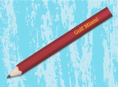 Red, Pre-sharpened, golf pencil without eraser imprinted with Golf Miami logo on barrel.