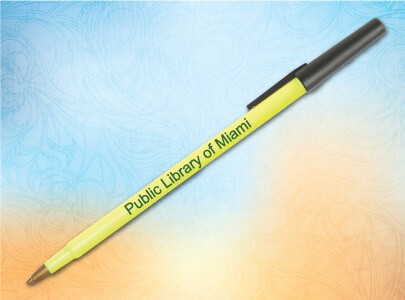 Neon Yellow Stick Pen with Black Cap imprinted with Public Library of Miami logo great as giveaways.