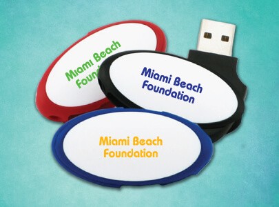 Red, Blue and Black, Swivel USB Flash Drive, 2gb, 4gb or 8gb with white imprint area decorated with Miami Beach Foundation for Miami, Florida.