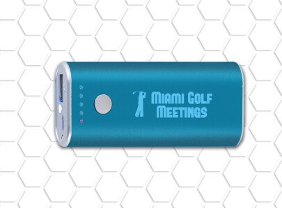 Light blue, Portable Charger with USB Port imprinted with Miami Golf Meetings logo.