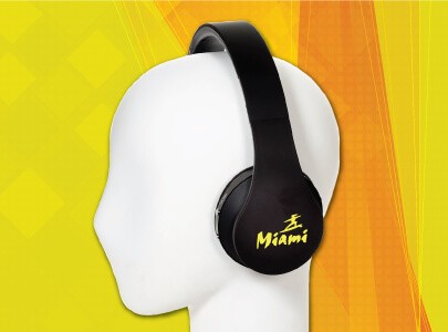 Custom Imprinted Headphones and Earbuds for Miami, Florida Black, Over the Ears Headphones imprinted with Miami text and surfer dude artwork on the ear piece